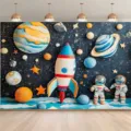 Vibrant cartoon space astronaut photography backdrop for kids birthday party wall decoration - SBJ-004 (Cartoon Astronaut) / 95x75cm