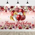 Rose gold birthday party photography backdrop with balloons and vintage floral design - SBJ-002 / 95x75cm