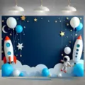 Fondo fotográfico para cumpleaños con tema de astronautas espaciales, cohetes y estrellas - SBJ-004(0004) / 180x120cm