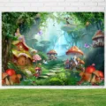 Dreamy magic forest mushroom house photography backdrop for enchanted fairy tale parties - 95x75cm / Magic Forest Treehouse (SBJ-008) / Colorful