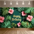 Tropical palm leaf birthday photography backdrop with pink flowers and Happy Birthday text - Tropical Plant Theme (SBJ-002) / 95x75cm