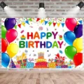 Vibrant birthday photography backdrop with colorful balloons and cake for party decor - White Childlike Birthday Style (SBJ-003) / 95x75cm