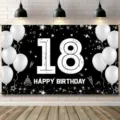 Schwarz-weißer Hintergrund zum 18. Geburtstag mit Ballons und Sternendekorationen - Stil SBJ-005 / 95x75cm