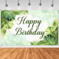 Tropical palm leaf birthday backdrop with 'Happy Birthday' text for party photography - Tropical Rainforest Theme (SBJ-003) / 95x75cm
