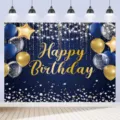 Navy blue and gold happy birthday backdrop featuring balloons and glitter sparkles - 蓝金气球摄影背景(SBJ-004) / 95x75cm