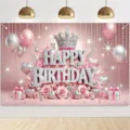 Elegant pink happy birthday backdrop with crown, balloons and roses for party decor - Pink Luxury Childlike Crown Style (SBJ-004) / 95x75cm