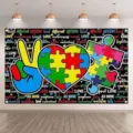 Autism awareness backdrop banner with colorful puzzle heart for charity event decor - SBJ-001 / 95x75cm
