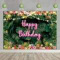 Tropical palm leaf birthday photography backdrop featuring a neon Happy Birthday sign - Tropical Rainforest Theme (SBJ-004) / 95x75cm