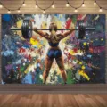 Bunter Graffiti-Fotohintergrund mit einer Frau beim Gewichtheben für das Fitnessstudio - Gewichtheben-Stil für Frauen (SBJ-005)