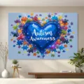 Autism Awareness photography backdrop with heart and colorful puzzle pieces decor - Glowing Heart Puzzle (SBJ-004) / 95x75cm