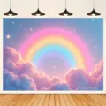 Dromerige fotografie achtergrond met regenboog en kleurrijke wolken voor verjaardagsfeest - 95x75cm