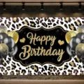 Sfondo di compleanno leopardato con scritta Happy Birthday dorata e decorazioni - Stile leopardo nero e oro (SBJ-005)