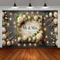 Rustikaler Holz-Hintergrund für die Hochzeit mit Mr & Mrs Design und weißen Rosen - Retro Holzmaserung Rosen Mr & Mrs (SBJ-007) / 95x75cm