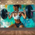 Farbenfroher Graffiti-Fitness-Hintergrund mit einer Frau beim Gewichtheben für Fotos - Frauen Gewichtheben-Stil (SBJ-006)