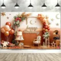 Warmer orangefarbener Geburtstags-Fotohintergrund mit Blumenbogen, Ballons und Schriftzug - Warmes Orangefarbenes Party-Thema (SBJ-006) / 95x75cm