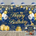 Navy blue and gold Happy Birthday backdrop featuring balloon and gift graphics - Blue Gold Balloon Photography Backdrop (SBJ-005) / 95x75cm / Blue Gold