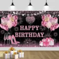 Rosa und schwarzer Glitzer Alles Gute zum Geburtstag Hintergrund mit Luftballons Motiv - Rosa Glitzer Geburtstag Hintergrund (SBJ-006) / 95x75cm