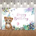 Sfondo fotografico di compleanno a tema leopardo per decorazione festa - Festa di Cucciolo di Leopardo con Occhiali (SBJ-008)