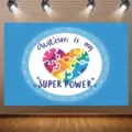 Autism awareness photography backdrop with rainbow heart puzzle and super power text - Autism Awareness Theme Background Cloth (SBJ-005)