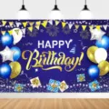 Blue and gold birthday backdrop with balloons, gifts, and Happy Birthday text - Blue Gold Balloon Birthday Party Photography Backdrop (SBJ-006) / 95x75cm