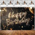 Edler goldener 3D-Happy Birthday Fotohintergrund für festliche Geburtstagsfeiern - Schwarz-Goldener Ballon-Stil (SBJ-007) / 95x75cm