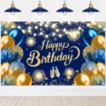Blue and gold birthday backdrop with balloons and glitter for party decoration - Blue Gold Birthday Party Photography Backdrop (SBJ-007) / 95x75cm / Blue Gold
