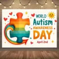 World Autism Awareness Day photography backdrop with rainbow puzzle piece and hearts - Autism Awareness Theme Style (SBJ-007)