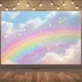 Dromerige fotografie achtergrond met regenboog, wolken en sterren voor verjaardagsdecoratie - Dromerige Regenboogbrug en Wolken (SBJ-0012) / 95x75cm / Kleurrijk