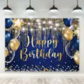 Blue and gold birthday photography backdrop featuring festive balloon and star design elements - Blue Gold Balloon Photography Backdrop (SBJ-008) / 95x75cm