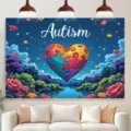 Autism awareness backdrop featuring a colorful puzzle heart for charity events and photo shoots - Starry Sky Puzzle Heart Style (SBJ-008)