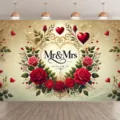 Eleganter Hochzeitsfotohintergrund mit roten Rosen Herzen und Mr & Mrs Design für Feiern - Gold Rote Rosen Mr & Mrs (SBJ-0012) / 95x75cm