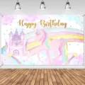 Dreamy pink rainbow unicorn photography backdrop for kids birthday party decoration - Unicorn Rainbow Style (SBJ-009) / 95x75cm / Pink Purple