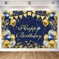 Elegant blue and gold birthday party photography backdrop with festive balloons and confetti - Blue Gold Balloon Photography Backdrop (SBJ-009) / 95x75cm / Blue Gold