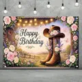 Geburtstags-Fotohintergrund mit Blumen-Cowboystiefeln für rustikale Party Deko - Cowboy-Stiefel Blumen-Pastoral-Thema (SBJ-0011) / 95x75cm