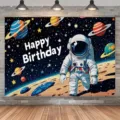 Sfondo fotografico di compleanno tema astronauta con testo Happy Birthday per feste - SBJ-009