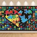 Colorful heart puzzle autism awareness photography backdrop for charity events. - SBJ-0010
