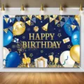 Elegant blue and gold birthday photography backdrop featuring festive balloons and gifts - Blue Gold Balloon Birthday Backdrop (SBJ-0010) / 95x75cm / Blue Gold