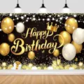 Eleganter schwarz-goldener Happy Birthday Fotohintergrund für Partydekorationen - Schwarz Gold Geburtstag Thema (SBJ-0012) / 95x75cm / Schwarz & Gold