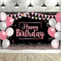Elegante schwarz-pinke Happy Birthday Fotokulisse für Partydekoration und Feiern - SBJ-0014 / 95x75cm