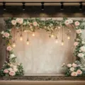 Fond de photographie floral rustique avec arche en bois et ampoules suspendues - Style Pastoral Frais (SBJ-001) / Paquet de 95x75cm