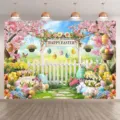 Vibrant Easter photography backdrop with rabbit and colorful eggs floral garden design - Easter Background (SBJ-001) / 95x75cm