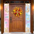 Gender reveal party porch banners featuring pink and blue teddy bear balloon designs - 30x180cm