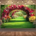 Toile de fond de photographie de jardin avec des arches de roses pour décorations de fête - Imprimé Floral Doux (SBJ-003) / Paquet de 95x75cm
