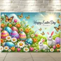 Vibrant Easter photography backdrop featuring rabbits, colorful eggs, and spring flowers - 复活节背景(SBJ-002) / 95x75cm