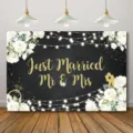 Elegant floral wedding backdrop with Just Married Mr & Mrs gold glitter lettering - White Roses Just Married Style (SBJ-003) / 95x75cm