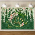 Oh Baby baby shower photography backdrop with floral green grass wall and golden butterflies - Oh Baby Green Lawn & Floral Theme (SBJ-009)