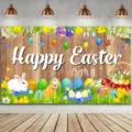 Easter photography backdrop featuring Happy Easter lettering, white rabbit and eggs - Easter Background (SBJ-003) / 95x75cm