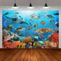 Fondo fotográfico de alta definición tema océano con animales marinos para fiestas infantiles - Paisaje Submarino de Gran Tiburón Blanco y Raya (SBJ-004) / 95x75cm