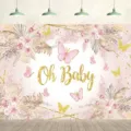 Oh Baby photography backdrop with pink butterflies and golden floral design for baby showers - Oh Baby Pink Gold Butterfly Theme (SBJ-002) / 95x75cm