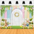 Vibrant Easter photography backdrop with colorful bunny, eggs, and floral decoration - Easter Background (SBJ-004) / 95x75cm